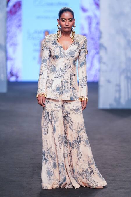 Bhumika Sharma Beige Georgette Embroidery, Tassels Mandarin Blossom Print Jacket And Gharara Set at Aza Fashions Bhumika Sharma_Beige Georgette Embroidery, Tassels Mandarin Blossom Print Jacket And Gharara Set _at_Aza_Fashions