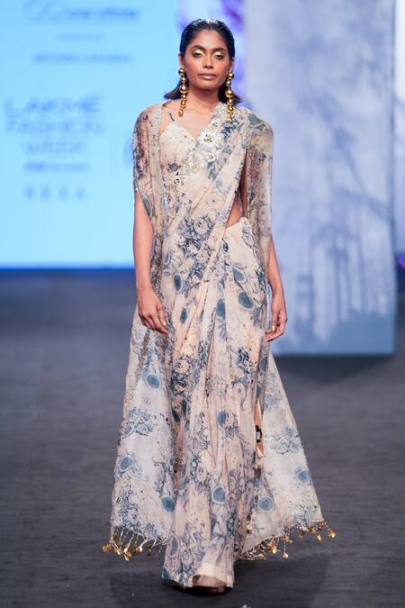 Buy Bhumika Sharma Beige Organza, Georgette Tassels, Embroidery V-neck Blossom Print Saree Cape Set Online at Aza Fashions Buy_Bhumika Sharma_Beige Organza, Georgette Tassels, Embroidery V-neck Blossom Print Saree Cape Set _Online_at_Aza_Fashions