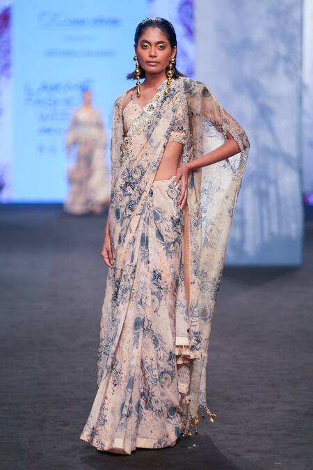 Shop Bhumika Sharma Beige Organza, Georgette Tassels, Embroidery V-neck Blossom Print Saree Cape Set Online at Aza Fashions Shop_Bhumika Sharma_Beige Organza, Georgette Tassels, Embroidery V-neck Blossom Print Saree Cape Set _Online_at_Aza_Fashions