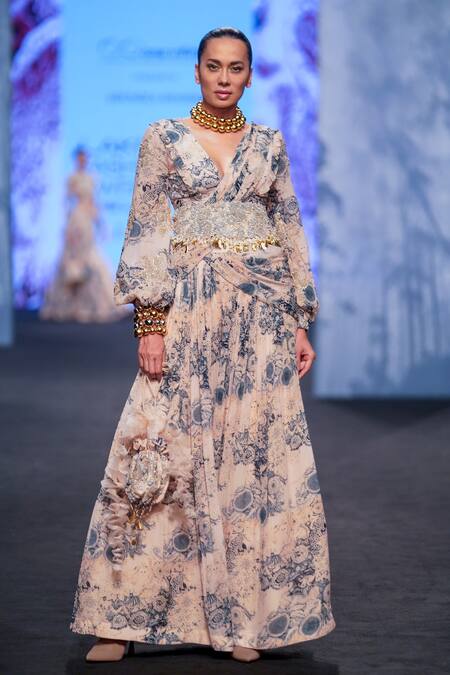 Bhumika Sharma Beige Georgette Pearls, Tassels, Blossom Print Pre-draped Palazzo Saree Set at Aza Fashions Bhumika Sharma_Beige Georgette Pearls, Tassels, Blossom Print Pre-draped Palazzo Saree Set _at_Aza_Fashions