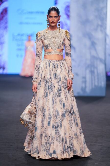 Shop Bhumika Sharma Beige Georgette Tassels, Embroidery Round Blossom Print Lehenga And Blouse Set Online at Aza Fashions Shop_Bhumika Sharma_Beige Georgette Tassels, Embroidery Round Blossom Print Lehenga And Blouse Set _Online_at_Aza_Fashions