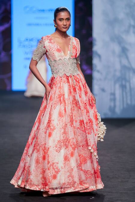 Bhumika Sharma Red Organza, Georgette Zari, Embroidery Plunge Blossom Print Anarkali With Belt at Aza Fashions Bhumika Sharma_Red Organza, Georgette Zari, Embroidery Plunge Blossom Print Anarkali With Belt _at_Aza_Fashions