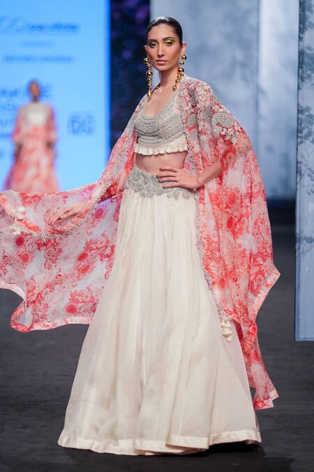 Shop_Bhumika Sharma_Red Organza, Net Sequins, Embroidery Scoop Neck Blossom Print Cape Lehenga Set _Online_at_Aza_Fashions
