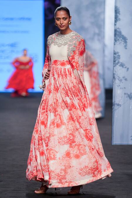 Bhumika Sharma_Red Georgette Tassels, Embroidery Square Blossom Print Anarkali And Jacket Set _at_Aza_Fashions