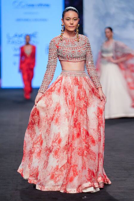 Buy_Bhumika Sharma_Red Organza, Georgette Embroidery Round Neck Blossom Print Skirt And Blouse Set 