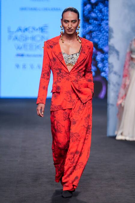 Bhumika Sharma_Red Georgette Embroidery, Tassels V-neck, Blossom Print Jacket And Flared Pant Set _at_Aza_Fashions