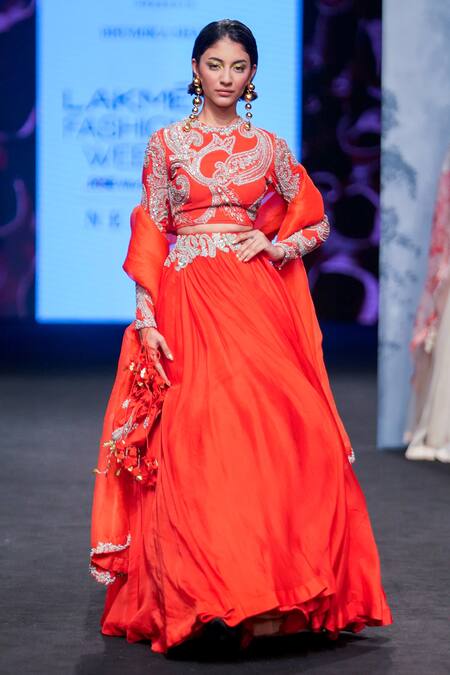 Shop_Bhumika Sharma_Red Organza Embroidery Round Neck Ambi Pattern Waistband Lehenga Set _Online_at_Aza_Fashions