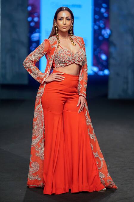 Bhumika Sharma Red Net, Georgette Sequins, Beads, Embroidery Ambi Jaal Jacket And Sharara Set at Aza Fashions Bhumika Sharma_Red Net, Georgette Sequins, Beads, Embroidery Ambi Jaal Jacket And Sharara Set _at_Aza_Fashions
