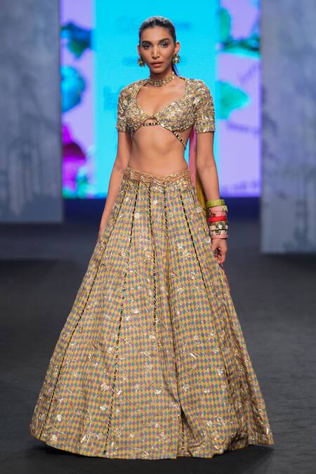 Buy Mahima Mahajan Multi Color Satin, Organza Sequins, Checkered Print Bridal Lehenga Set Online at Aza Fashions Buy_Mahima Mahajan_Multi Color Satin, Organza Sequins, Checkered Print Bridal Lehenga Set _Online_at_Aza_Fashions