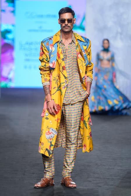 Shop_Mahima Mahajan_Multi Color Organza, Satin Embroidery Botanical Floral Print Trench Coat _Online_at_Aza_Fashions