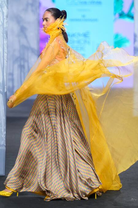 Shop_Mahima Mahajan_Yellow V-, Open Floral Embroidered Cape And Palazzo Set 
