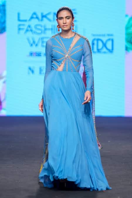 Shop Mahima Mahajan Blue Georgette, Organza, Satin Embroidery, Stripe Pattern Anarkali With Dupatta Online at Aza Fashions Shop_Mahima Mahajan_Blue Georgette, Organza, Satin Embroidery, Stripe Pattern Anarkali With Dupatta _Online_at_Aza_Fashions