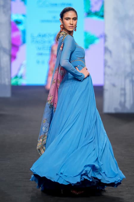 Mahima Mahajan Blue Georgette, Organza, Satin Embroidery, Stripe Pattern Anarkali With Dupatta at Aza Fashions Mahima Mahajan_Blue Georgette, Organza, Satin Embroidery, Stripe Pattern Anarkali With Dupatta _at_Aza_Fashions