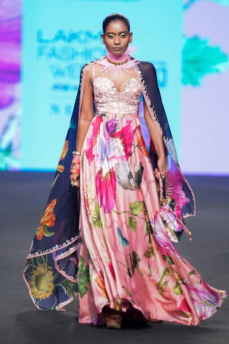 Shop Mahima Mahajan Pink Organza, Satin Sequins, Embroidery, Floral Print Anarkali With Dupatta Online at Aza Fashions Shop_Mahima Mahajan_Pink Organza, Satin Sequins, Embroidery, Floral Print Anarkali With Dupatta _Online_at_Aza_Fashions