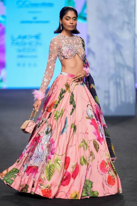 Mahima Mahajan Pink Organza, Satin Sequins, Embroidery Asymmetric Floral Print Lehenga Set at Aza Fashions Mahima Mahajan_Pink Organza, Satin Sequins, Embroidery Asymmetric Floral Print Lehenga Set _at_Aza_Fashions