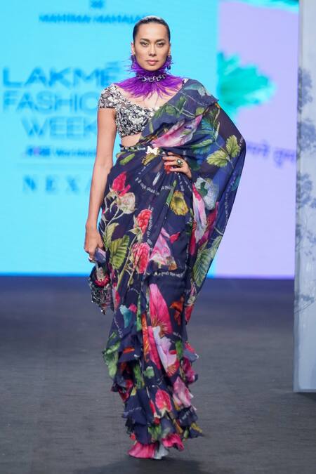 Mahima Mahajan_Blue Georgette, Organza, Satin Sequins, Pre-draped Saree With Blouse _Online_at_Aza_Fashions