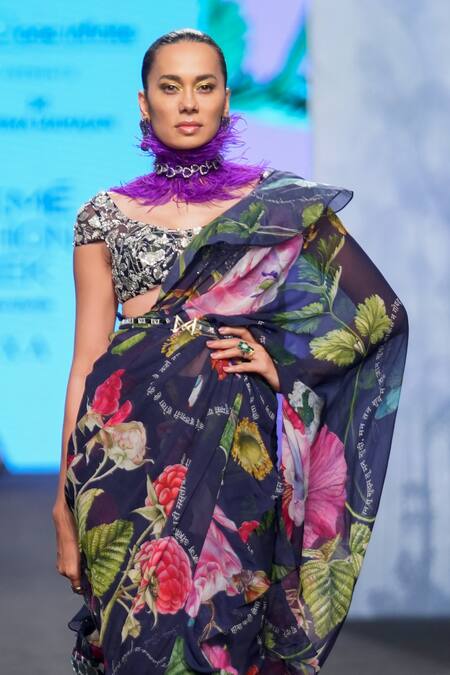 Buy_Mahima Mahajan_Blue Georgette, Organza, Satin Sequins, Pre-draped Saree With Blouse _Online_at_Aza_Fashions