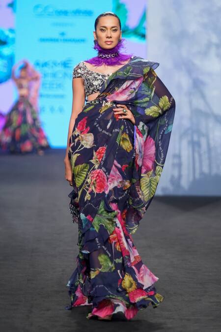 Shop_Mahima Mahajan_Blue Georgette, Organza, Satin Sequins, Pre-draped Saree With Blouse _Online_at_Aza_Fashions