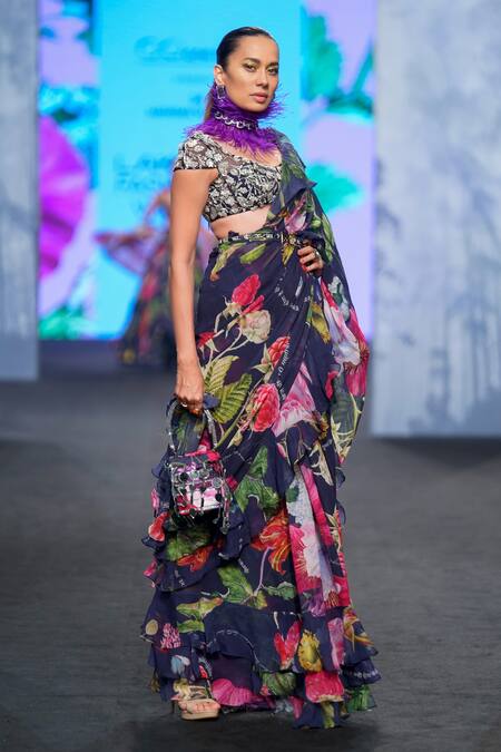 Mahima Mahajan_Blue Georgette, Organza, Satin Sequins, Pre-draped Saree With Blouse _at_Aza_Fashions