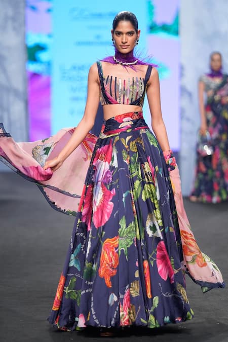 Shop_Mahima Mahajan_Blue Satin, Organza, Net, Chiffon Embroidery Floral Print Lehenga Blouse Set _Online_at_Aza_Fashions