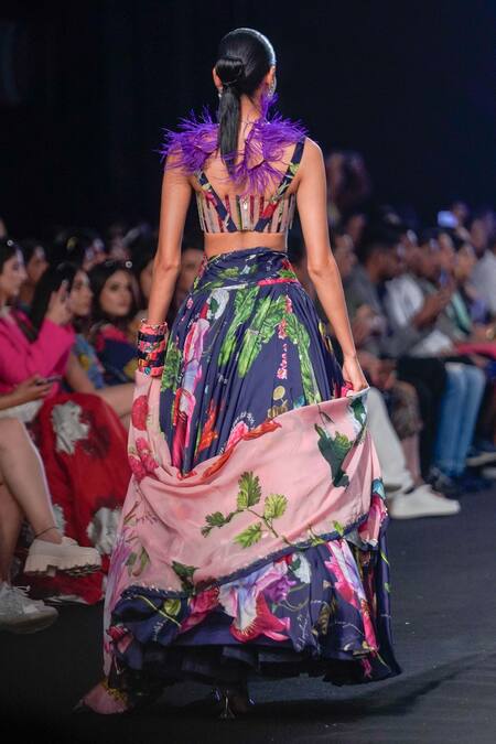 Mahima Mahajan_Blue Satin, Organza, Net, Chiffon Embroidery Floral Print Lehenga Blouse Set _at_Aza_Fashions