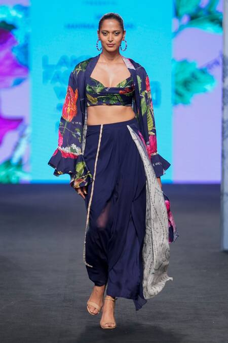 Mahima Mahajan Blue Satin, Organza Embroidery Open Neck, Printed Shrug And Draped Skirt Set at Aza Fashions Mahima Mahajan_Blue Satin, Organza Embroidery Open Neck, Printed Shrug And Draped Skirt Set _at_Aza_Fashions