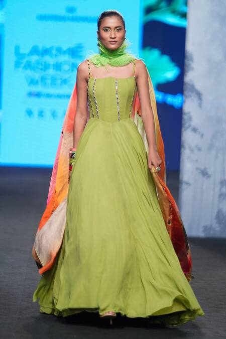 Mahima Mahajan_Green Georgette, Organza Mirrors Scoop Neck Corset Anarkali With Dupatta _Online_at_Aza_Fashions