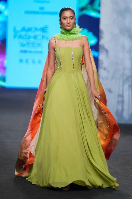 Buy_Mahima Mahajan_Green Georgette, Organza Mirrors Scoop Neck Corset Anarkali With Dupatta _Online_at_Aza_Fashions