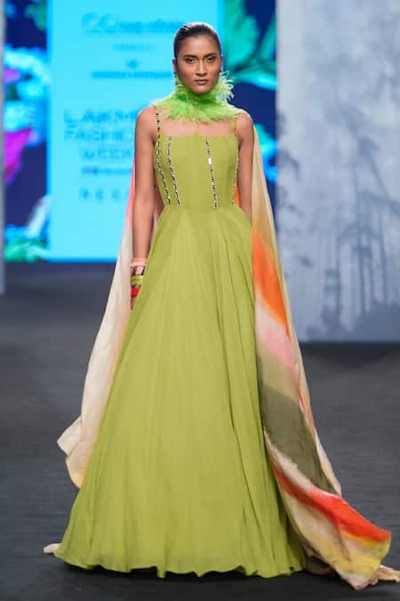 Shop_Mahima Mahajan_Green Georgette, Organza Mirrors Scoop Neck Corset Anarkali With Dupatta _Online_at_Aza_Fashions