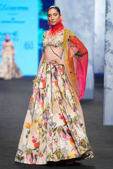 Mahima Mahajan Ivory Organza, Silk Embroidery, Mirrors Asymmetric Panelled Lehenga Set at Aza Fashions Mahima Mahajan_Ivory Organza, Silk Embroidery, Mirrors Asymmetric Panelled Lehenga Set _at_Aza_Fashions