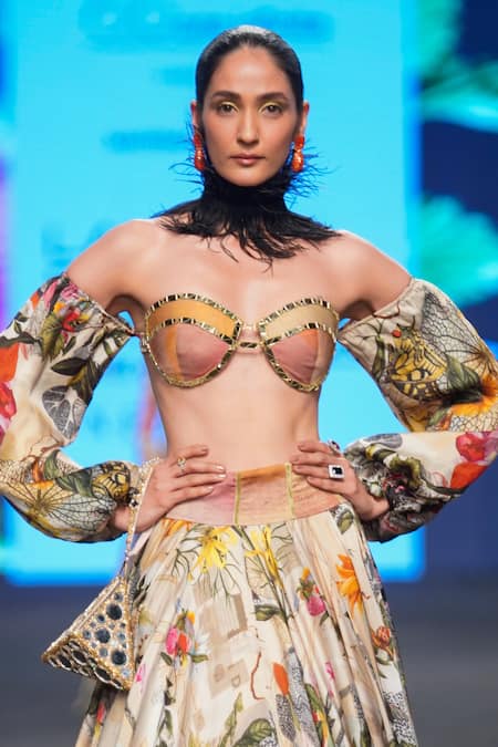 Shop_Mahima Mahajan_Ivory Organza, Satin Mirrors One Shoulder Off Bustier And Lehenga Set _Online_at_Aza_Fashions