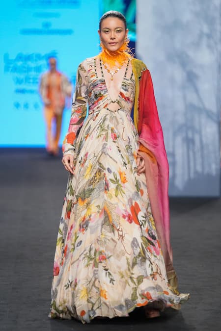 Buy Mahima Mahajan Ivory Organza, Georgette Embroidery Plunge Tropical Print Anarkali With Dupatta Online at Aza Fashions Buy_Mahima Mahajan_Ivory Organza, Georgette Embroidery Plunge Tropical Print Anarkali With Dupatta _Online_at_Aza_Fashions