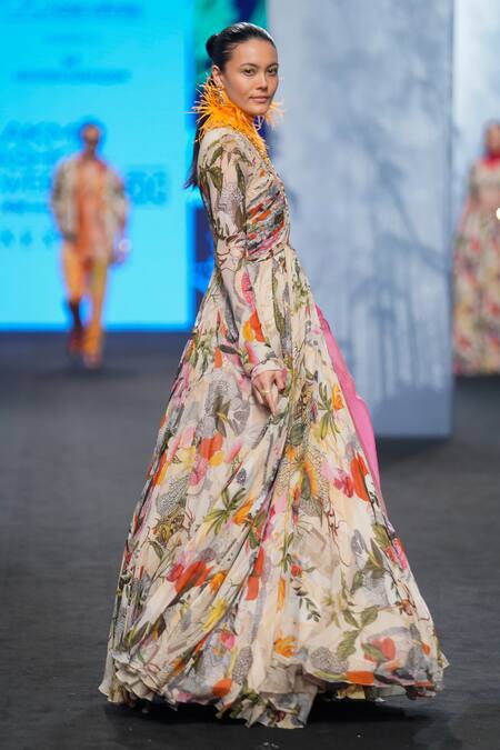 Shop Mahima Mahajan Ivory Organza, Georgette Embroidery Plunge Tropical Print Anarkali With Dupatta Online at Aza Fashions Shop_Mahima Mahajan_Ivory Organza, Georgette Embroidery Plunge Tropical Print Anarkali With Dupatta _Online_at_Aza_Fashions