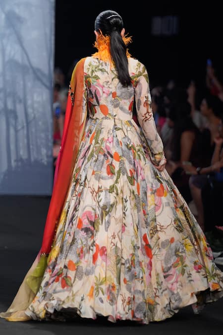 Mahima Mahajan Ivory Organza, Georgette Embroidery Plunge Tropical Print Anarkali With Dupatta at Aza Fashions Mahima Mahajan_Ivory Organza, Georgette Embroidery Plunge Tropical Print Anarkali With Dupatta _at_Aza_Fashions