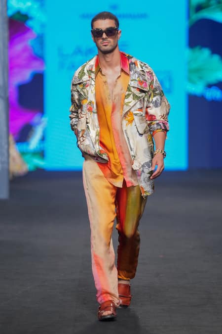 Shop Mahima Mahajan Multi Color Dupion Silk Printed Jacket Floral Pant Set Online at Aza Fashions Shop_Mahima Mahajan_Multi Color Dupion Silk Printed Jacket Floral Pant Set _Online_at_Aza_Fashions