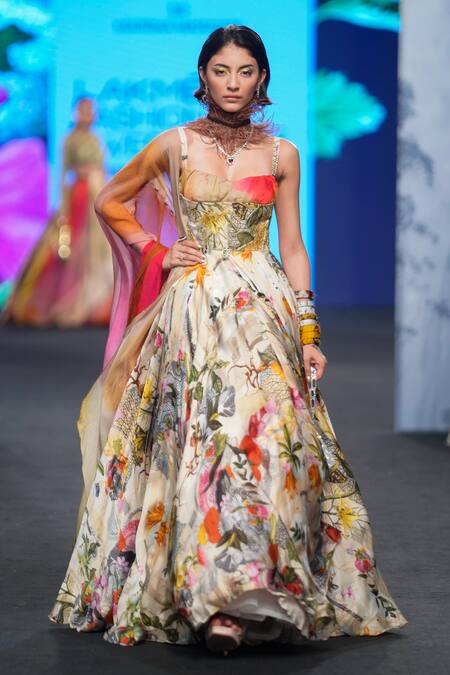 Mahima Mahajan Ivory Organza, Satin Embroidery Sweetheart Flower Print Anarkali With Dupatta Online at Aza Fashions Mahima Mahajan_Ivory Organza, Satin Embroidery Sweetheart Flower Print Anarkali With Dupatta _Online_at_Aza_Fashions