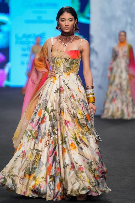 Buy Mahima Mahajan Ivory Organza, Satin Embroidery Sweetheart Flower Print Anarkali With Dupatta Online at Aza Fashions Buy_Mahima Mahajan_Ivory Organza, Satin Embroidery Sweetheart Flower Print Anarkali With Dupatta _Online_at_Aza_Fashions