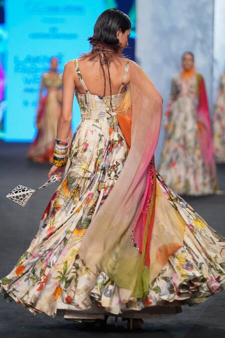 Shop Mahima Mahajan Ivory Organza, Satin Embroidery Sweetheart Flower Print Anarkali With Dupatta Online at Aza Fashions Shop_Mahima Mahajan_Ivory Organza, Satin Embroidery Sweetheart Flower Print Anarkali With Dupatta _Online_at_Aza_Fashions