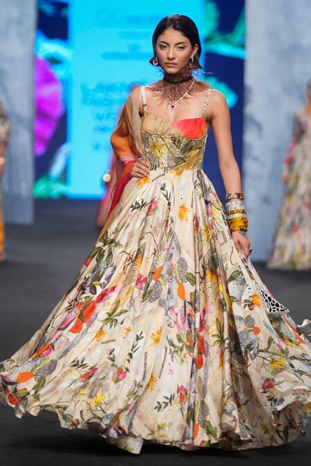 Mahima Mahajan Ivory Organza, Satin Embroidery Sweetheart Flower Print Anarkali With Dupatta at Aza Fashions Mahima Mahajan_Ivory Organza, Satin Embroidery Sweetheart Flower Print Anarkali With Dupatta _at_Aza_Fashions