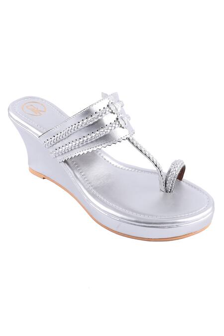 Preet Kaur_Silver Faux Leather Kolhapuri Wedges _Online_at_Aza_Fashions