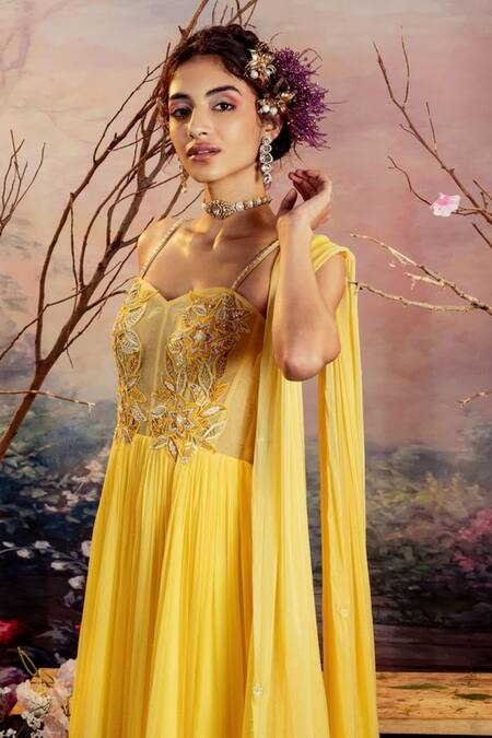 Pleats By Kaksha And Dimple_Yellow Organza Embroidery Floral Sweetheart Neck Corset Anarkali With Dupatta_Online_at_Aza_Fashions