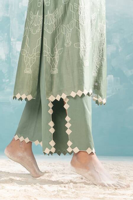 Ikai By Ragini Ahuja_Green Cotton Cut Work, Applique Nile Cut-work Slit Pant_Online_at_Aza_Fashions