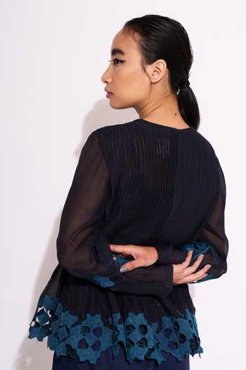 Ikai By Ragini Ahuja_Blue Cotton Embroidery Round Neck Applique Embellished And Pleated Top_Online_at_Aza_Fashions
