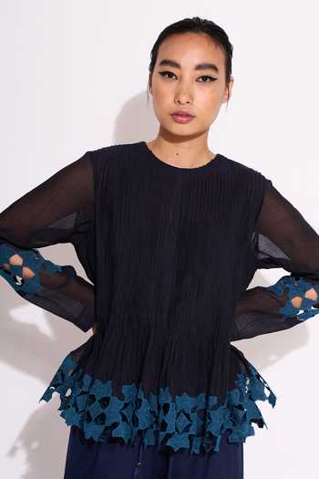 Buy_Ikai By Ragini Ahuja_Blue Cotton Embroidery Round Neck Applique Embellished And Pleated Top_Online_at_Aza_Fashions