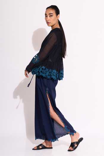 Shop_Ikai By Ragini Ahuja_Blue Cotton Embroidery Round Neck Applique Embellished And Pleated Top_Online_at_Aza_Fashions