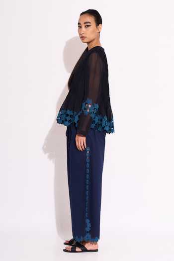 Ikai By Ragini Ahuja_Blue Cotton Embroidery Round Neck Applique Embellished And Pleated Top_at_Aza_Fashions