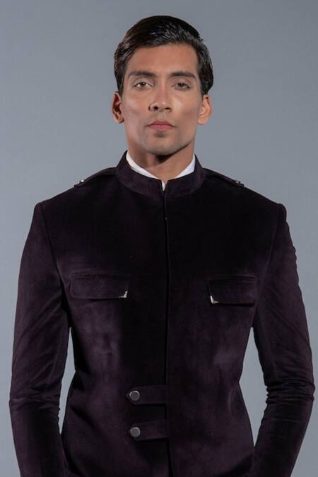 More Mischief_Purple Velvet, Cotton Bandhgala Trouser Set_Online_at_Aza_Fashions