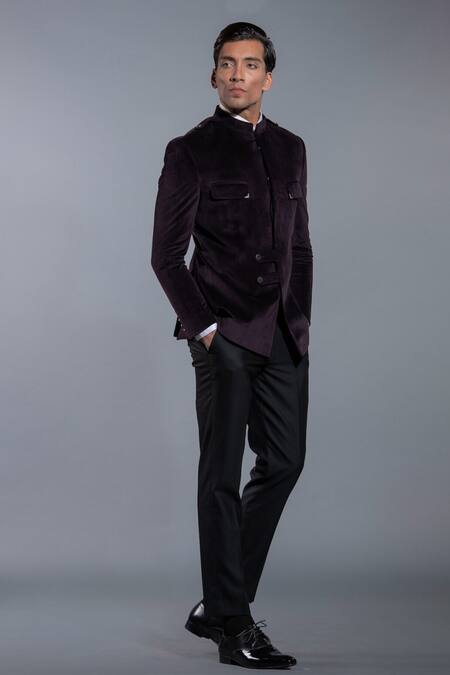 Buy_More Mischief_Purple Velvet, Cotton Bandhgala Trouser Set_Online_at_Aza_Fashions