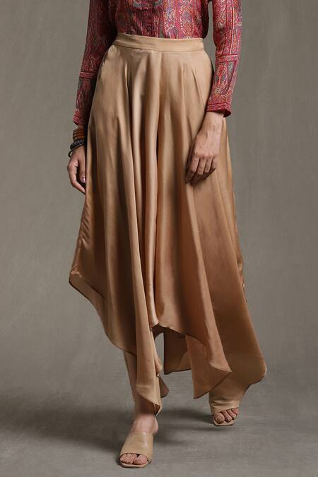 Ritu Kumar_Brown Dehri Satin Asymmetric Hem Palazzo_Online_at_Aza_Fashions