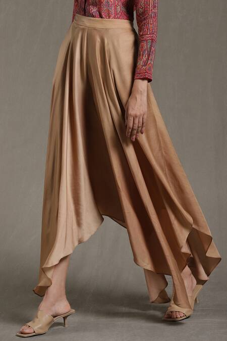 Buy_Ritu Kumar_Brown Dehri Satin Asymmetric Hem Palazzo_Online_at_Aza_Fashions